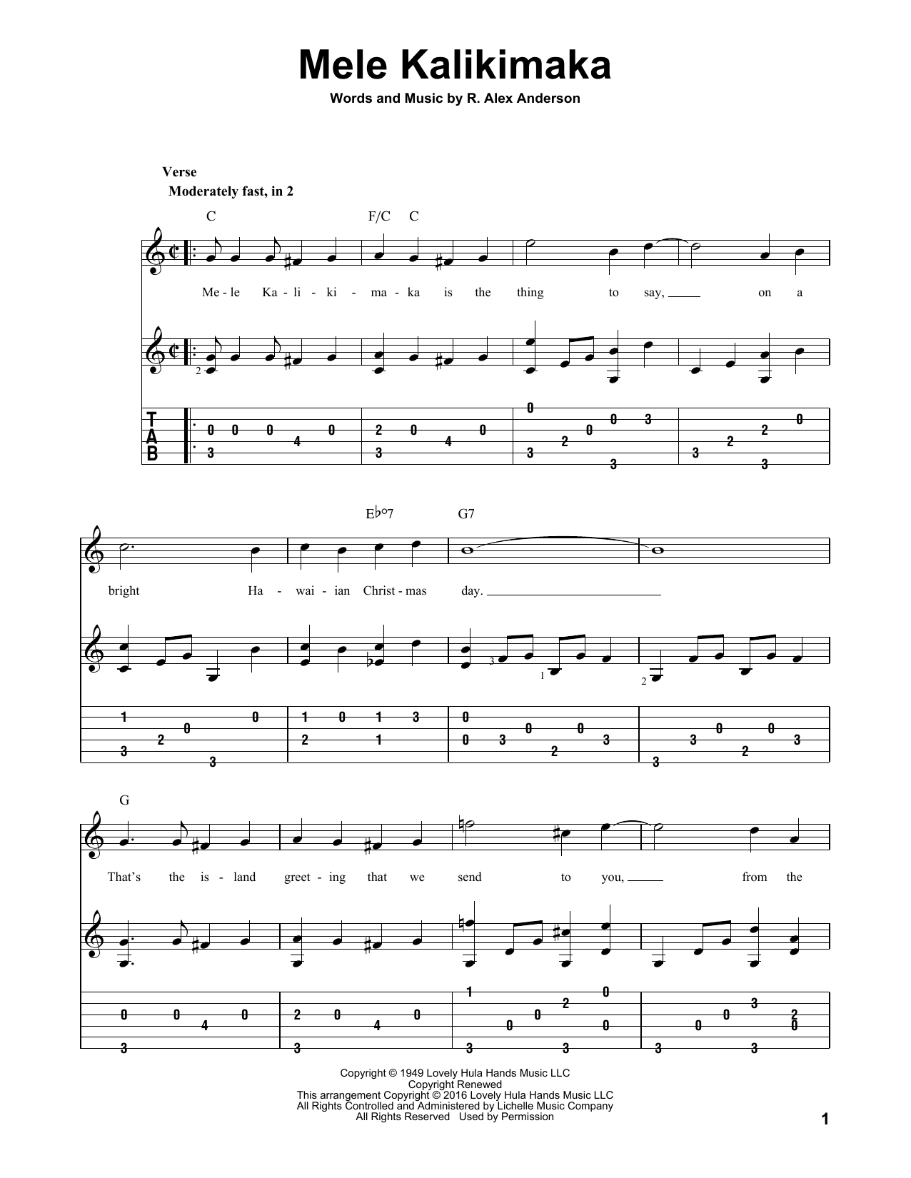 R. Alex Anderson Mele Kalikimaka sheet music notes and chords. Download Printable PDF.