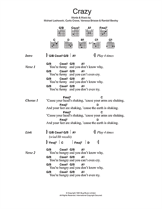 R.E.M. Crazy sheet music notes and chords arranged for Guitar Chords/Lyrics