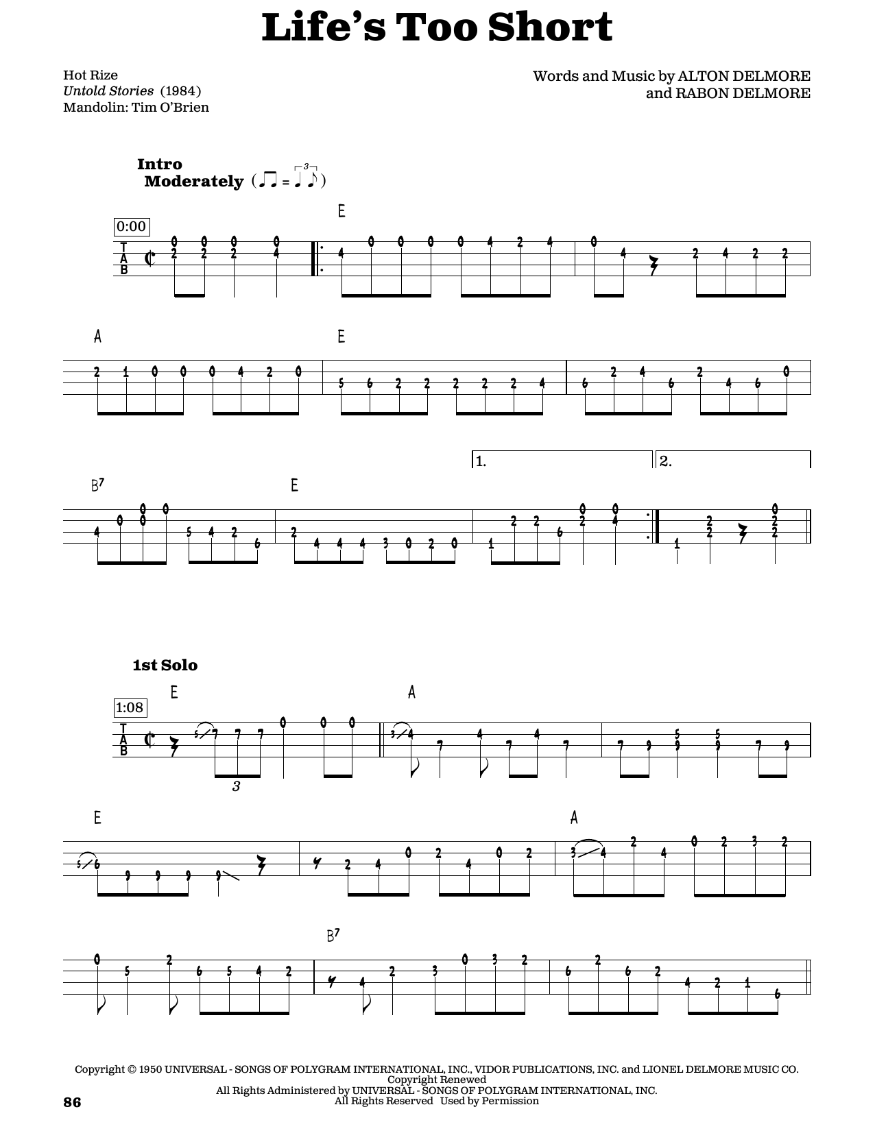 Rabon Delmore Life's Too Short sheet music notes and chords arranged for Mandolin