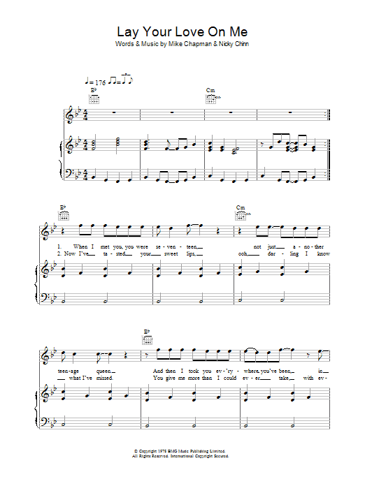 Racey Lay Your Love On Me sheet music notes and chords arranged for Piano, Vocal & Guitar Chords