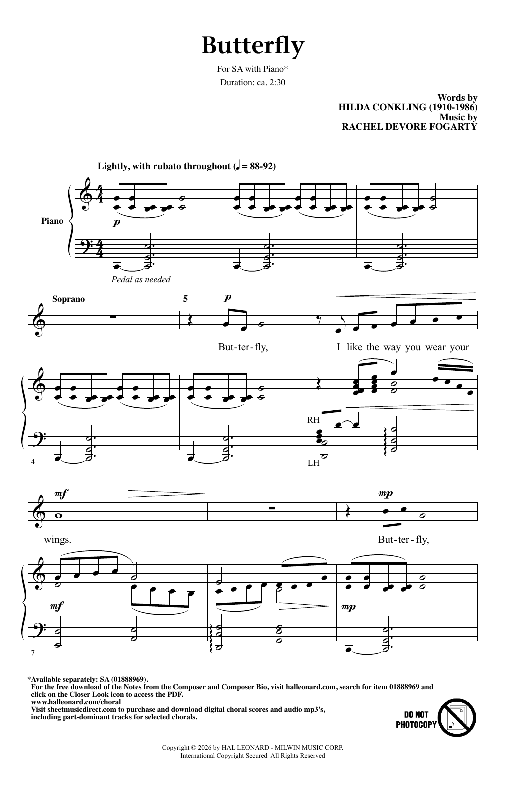 Rachel DeVore Fogarty Butterfly sheet music notes and chords arranged for 2-Part Choir