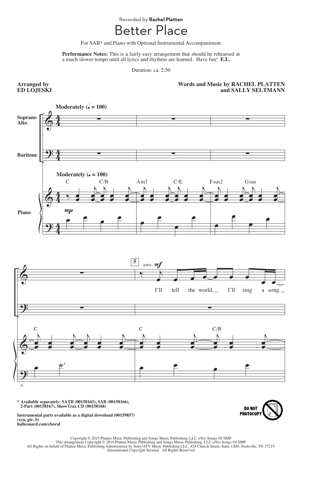 Rachel Platten Better Place (arr. Ed Lojeski) sheet music notes and chords arranged for SAB Choir