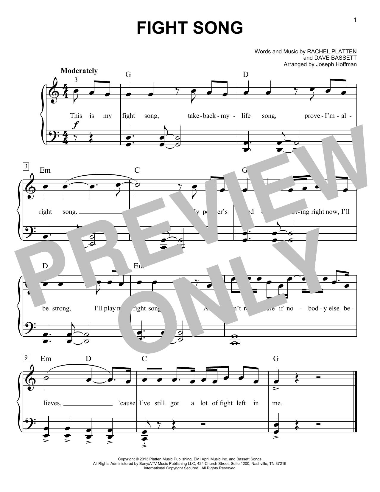 Rachel Platten Fight Song (arr. Joseph Hoffman) sheet music notes and chords arranged for Easy Piano