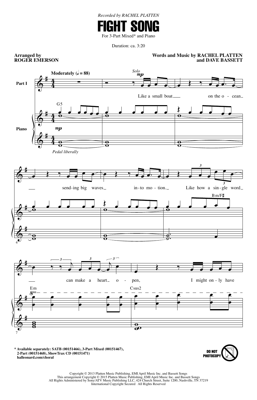 Rachel Platten Fight Song (arr. Roger Emerson) sheet music notes and chords arranged for 3-Part Mixed Choir