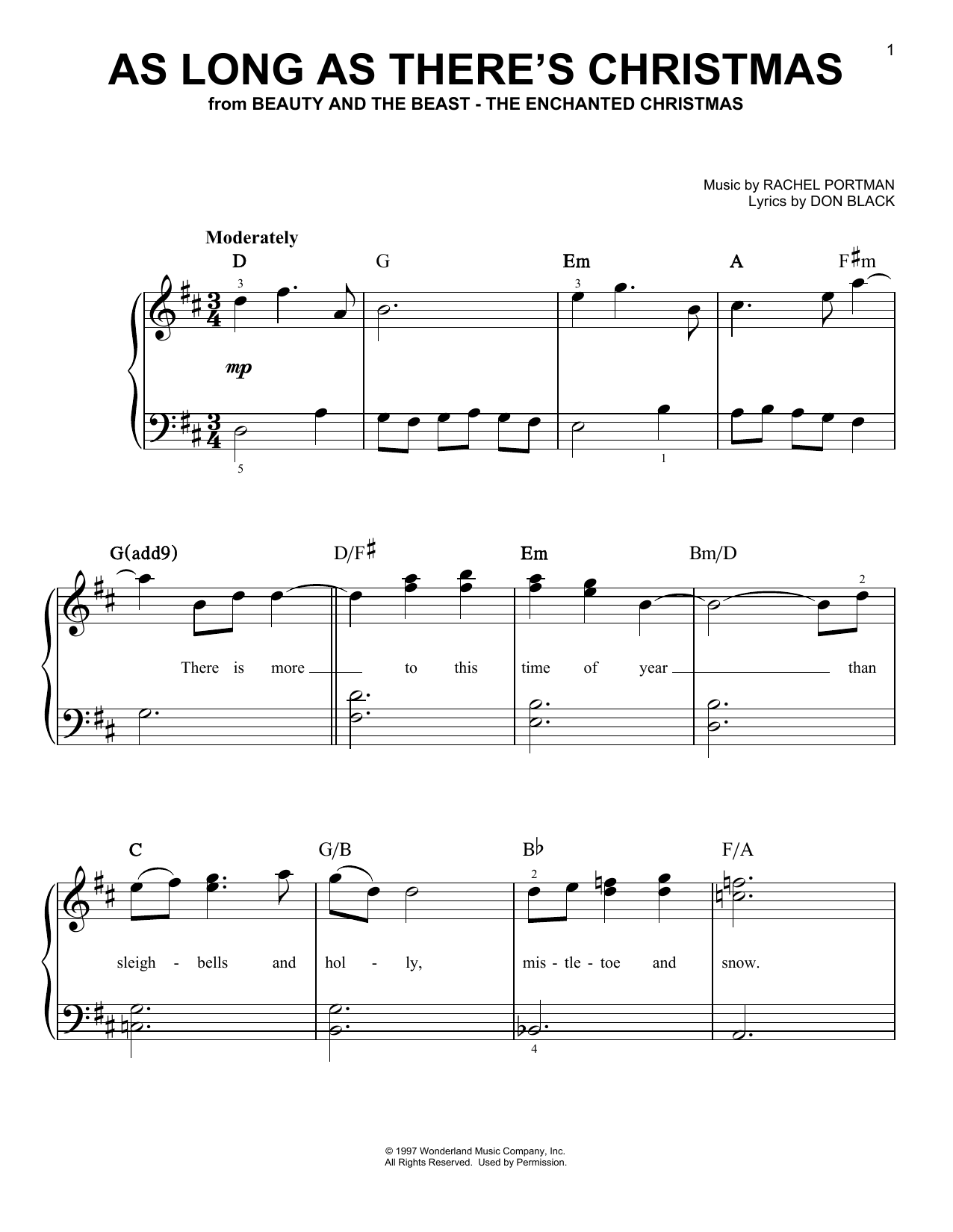 Rachel Portman As Long As There's Christmas (from Beauty And The Beast - The Enchanted Christmas) sheet music notes and chords arranged for Easy Piano