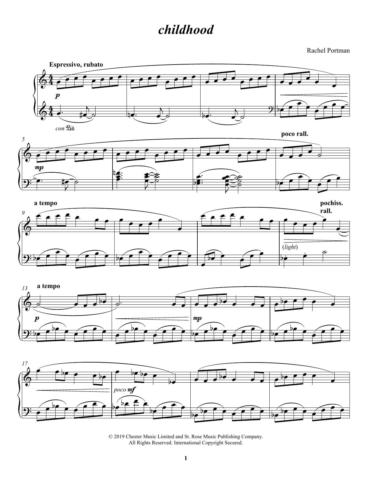 Rachel Portman childhood sheet music notes and chords arranged for Piano Solo