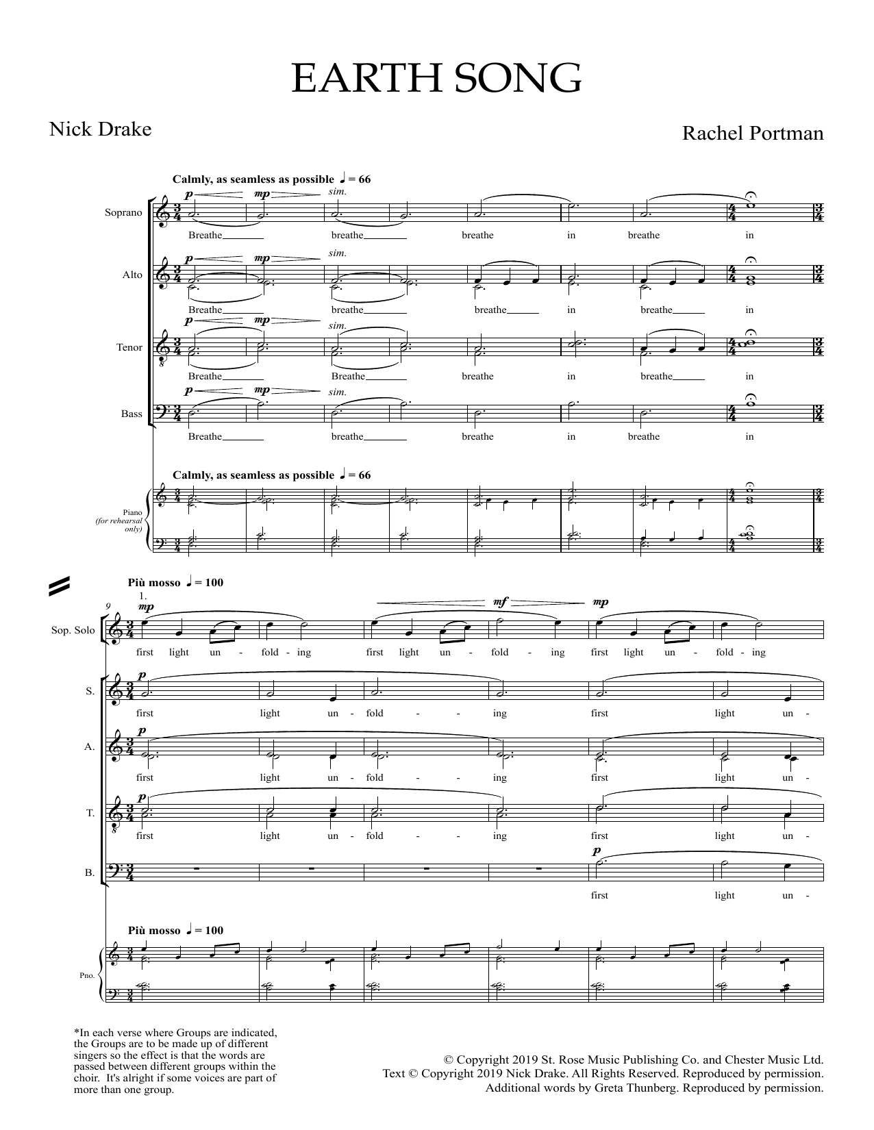 Rachel Portman Earth Song sheet music notes and chords arranged for SATB Choir