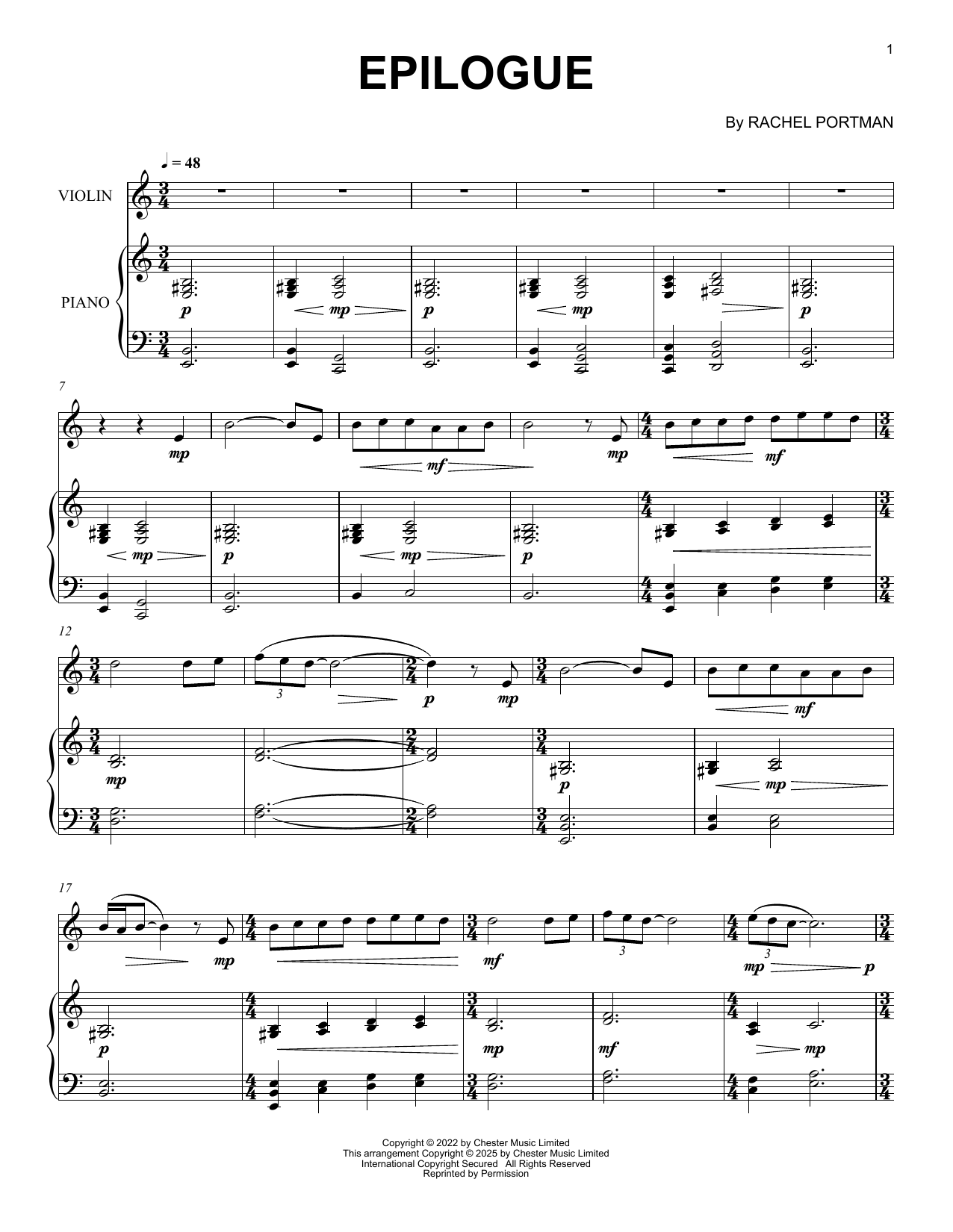 Rachel Portman Epilogue sheet music notes and chords arranged for Violin and Piano