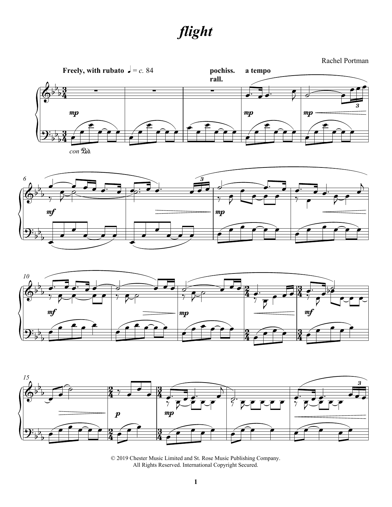Rachel Portman flight sheet music notes and chords arranged for Piano Solo
