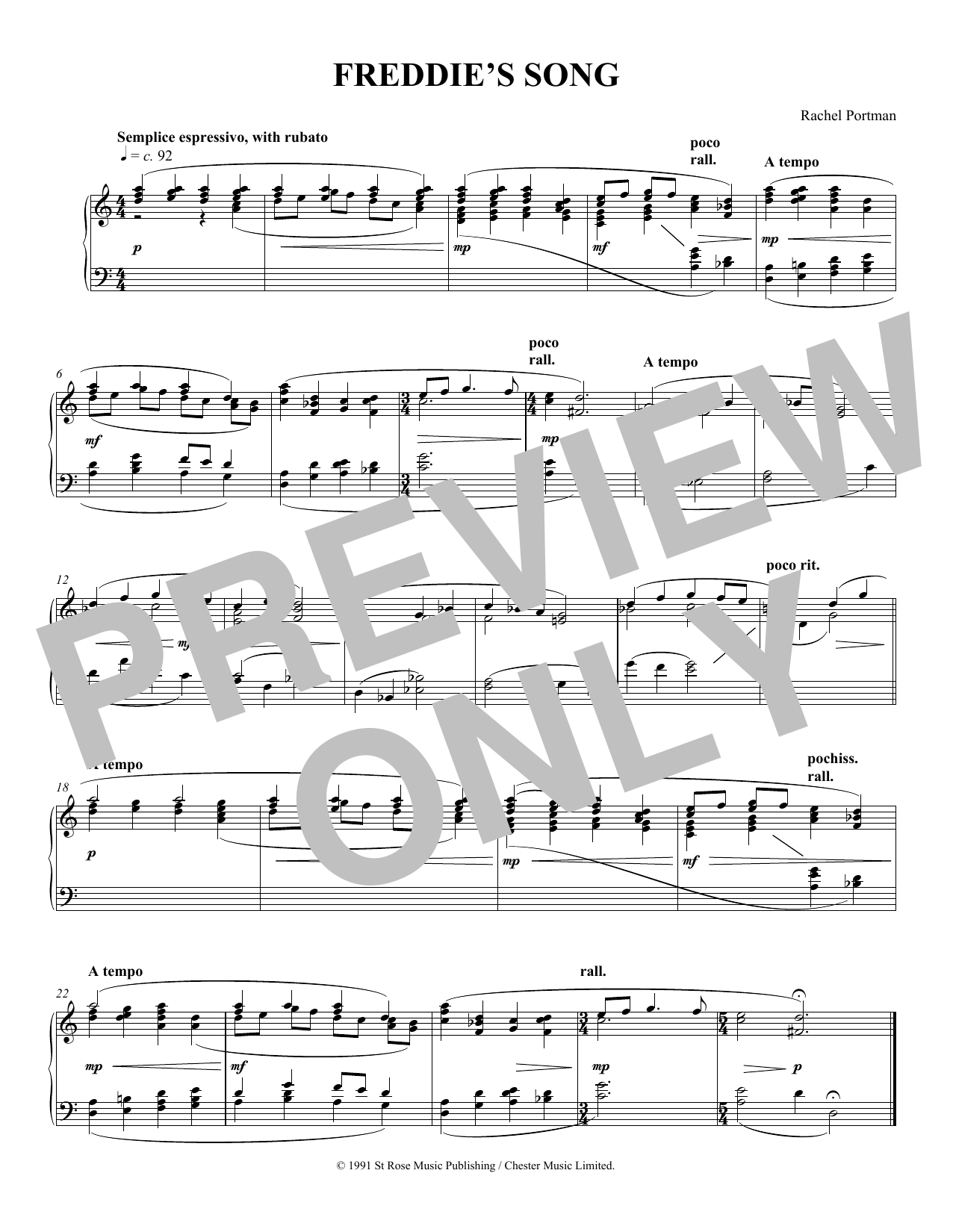 Rachel Portman Freddie's Song sheet music notes and chords arranged for Piano Solo