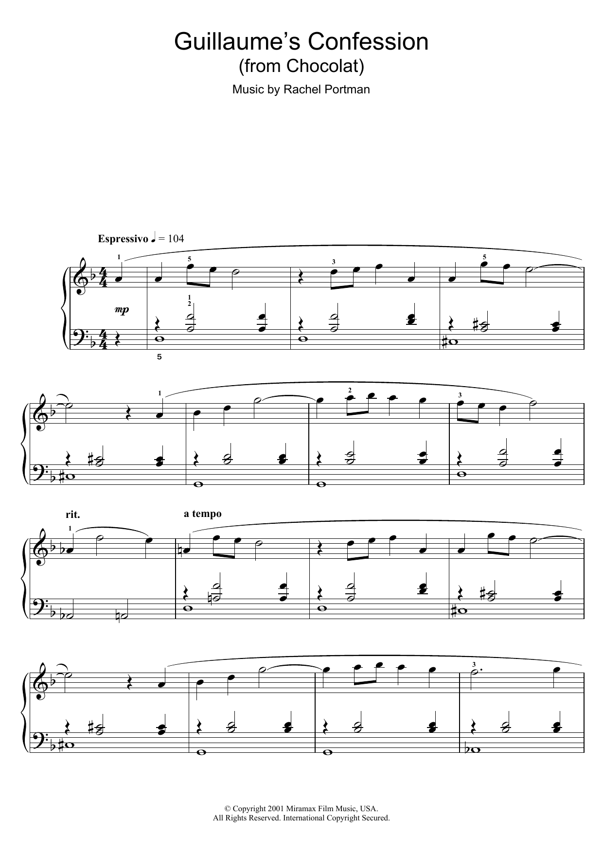 Rachel Portman Guillaume's Confession (from Chocolat) sheet music notes and chords arranged for Easy Piano