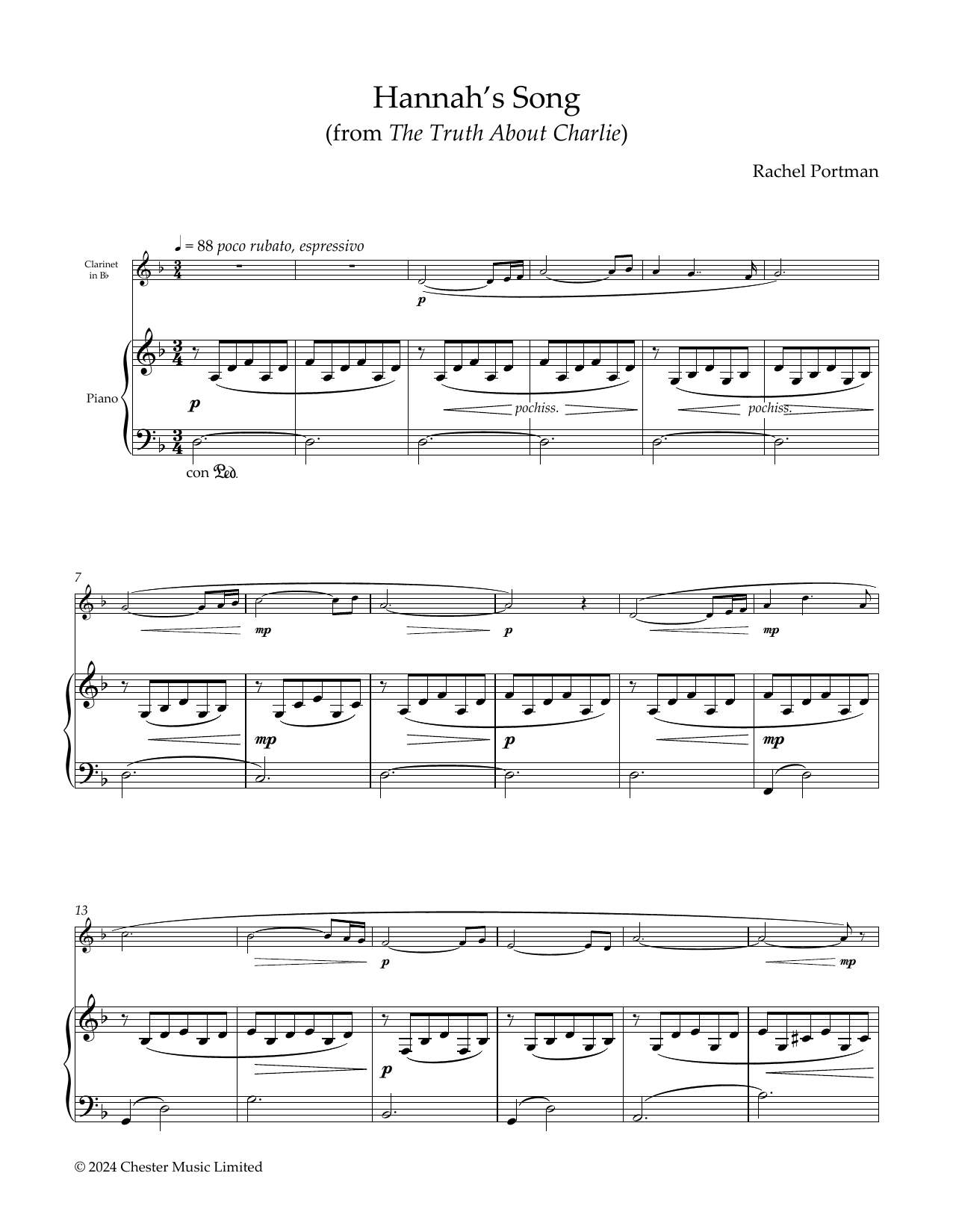 Rachel Portman Hannah's Song sheet music notes and chords arranged for Clarinet and Piano