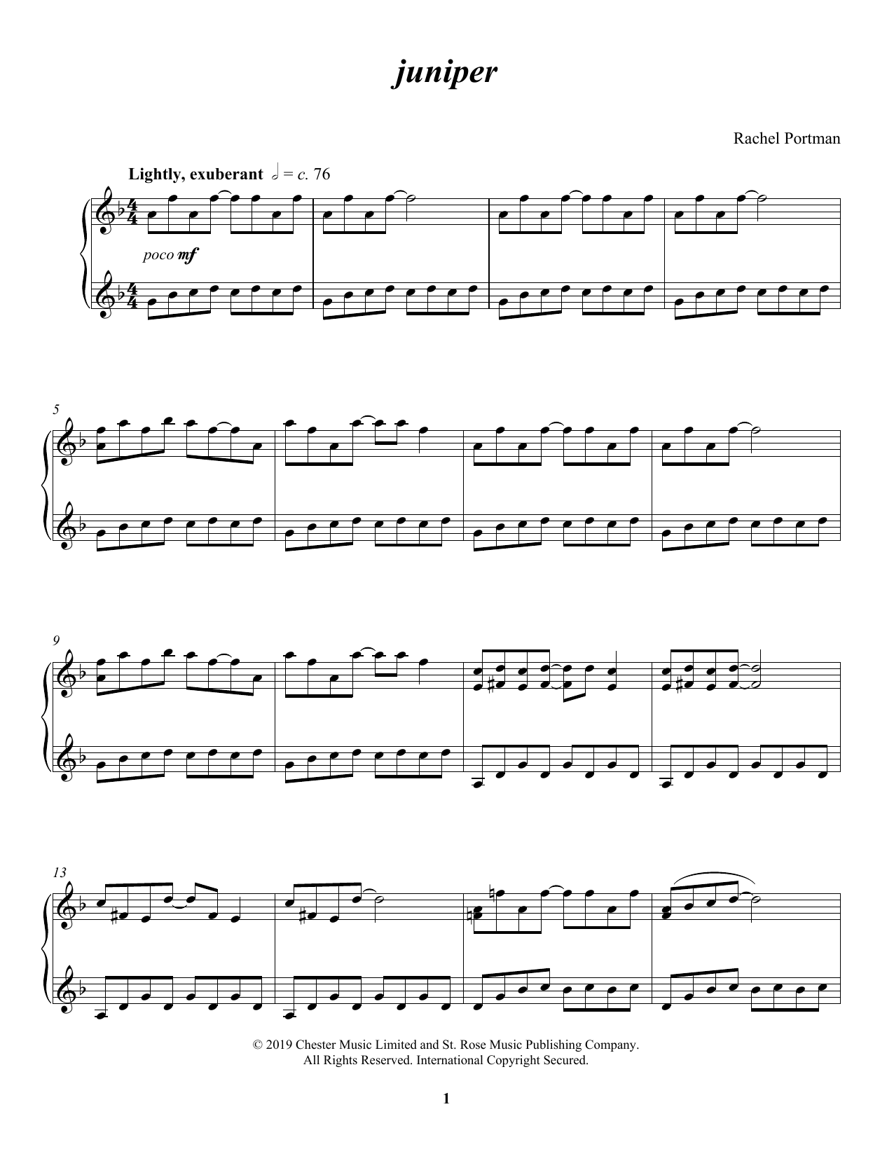 Rachel Portman juniper sheet music notes and chords arranged for Piano Solo