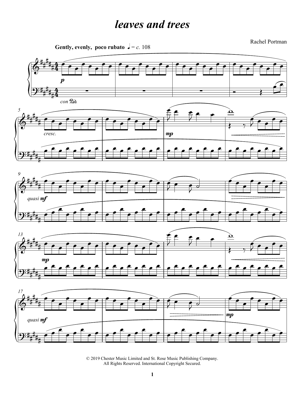 Rachel Portman leaves and trees sheet music notes and chords arranged for Piano Solo