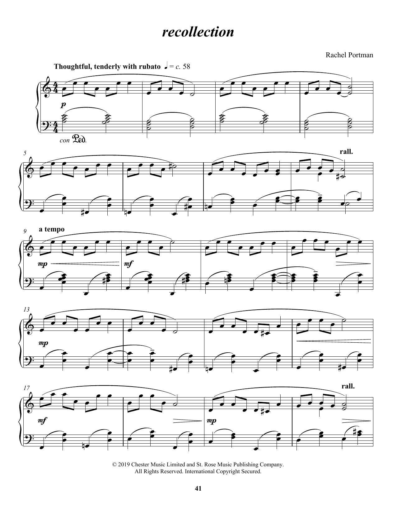 Rachel Portman recollection sheet music notes and chords arranged for Piano Solo