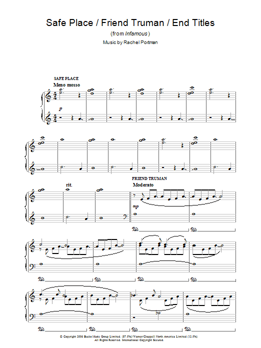 Rachel Portman Safe Place/Friend Truman/End Titles (from Infamous) sheet music notes and chords arranged for Piano Solo