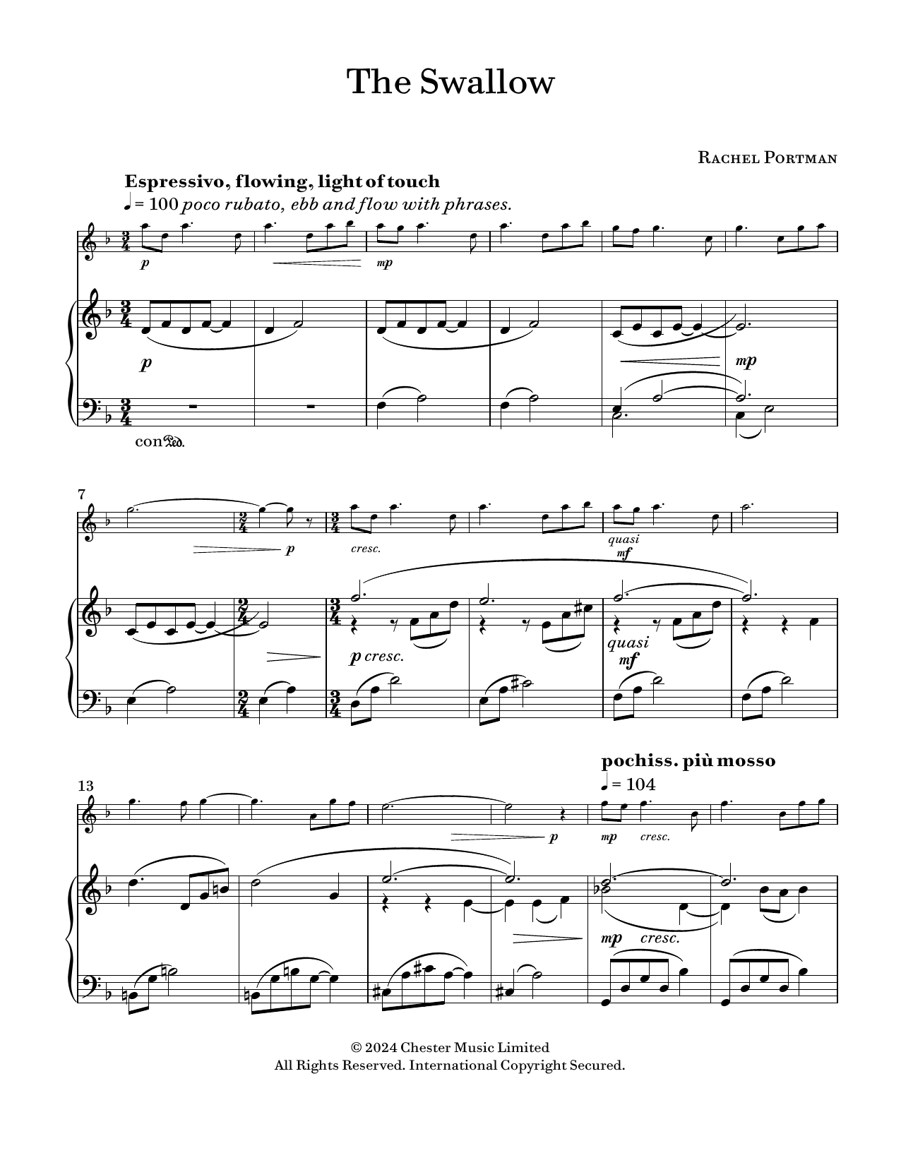Rachel Portman The Swallow sheet music notes and chords arranged for Violin and Piano