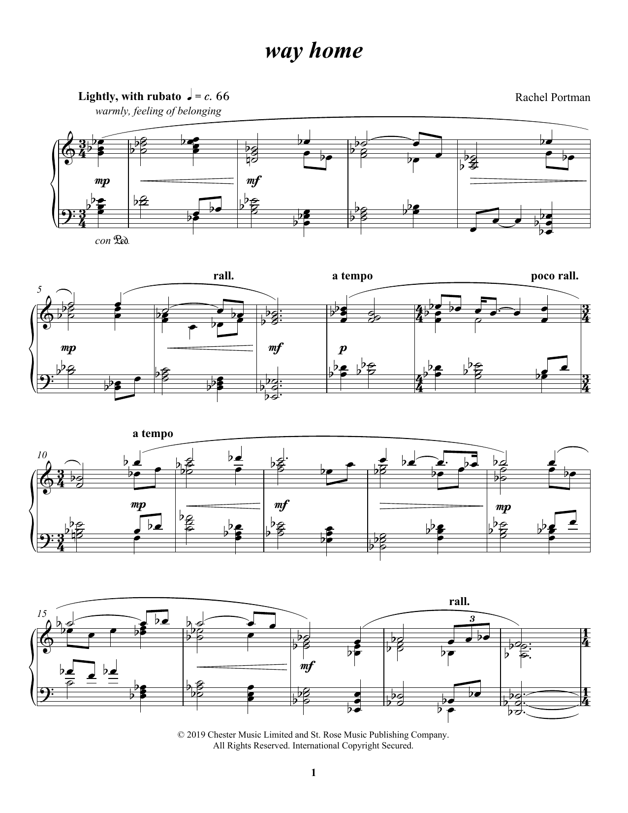 Rachel Portman the way home sheet music notes and chords arranged for Piano Solo