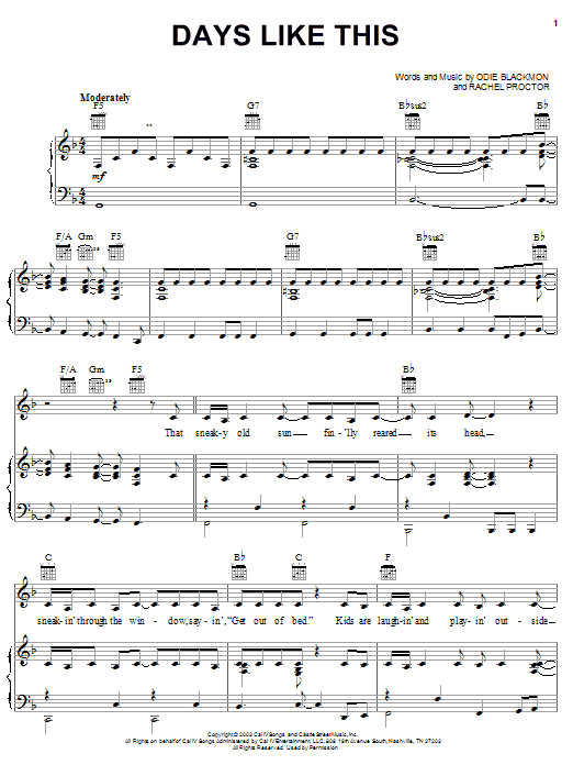 Rachel Proctor Days Like This sheet music notes and chords arranged for Piano, Vocal & Guitar Chords (Right-Hand Melody)