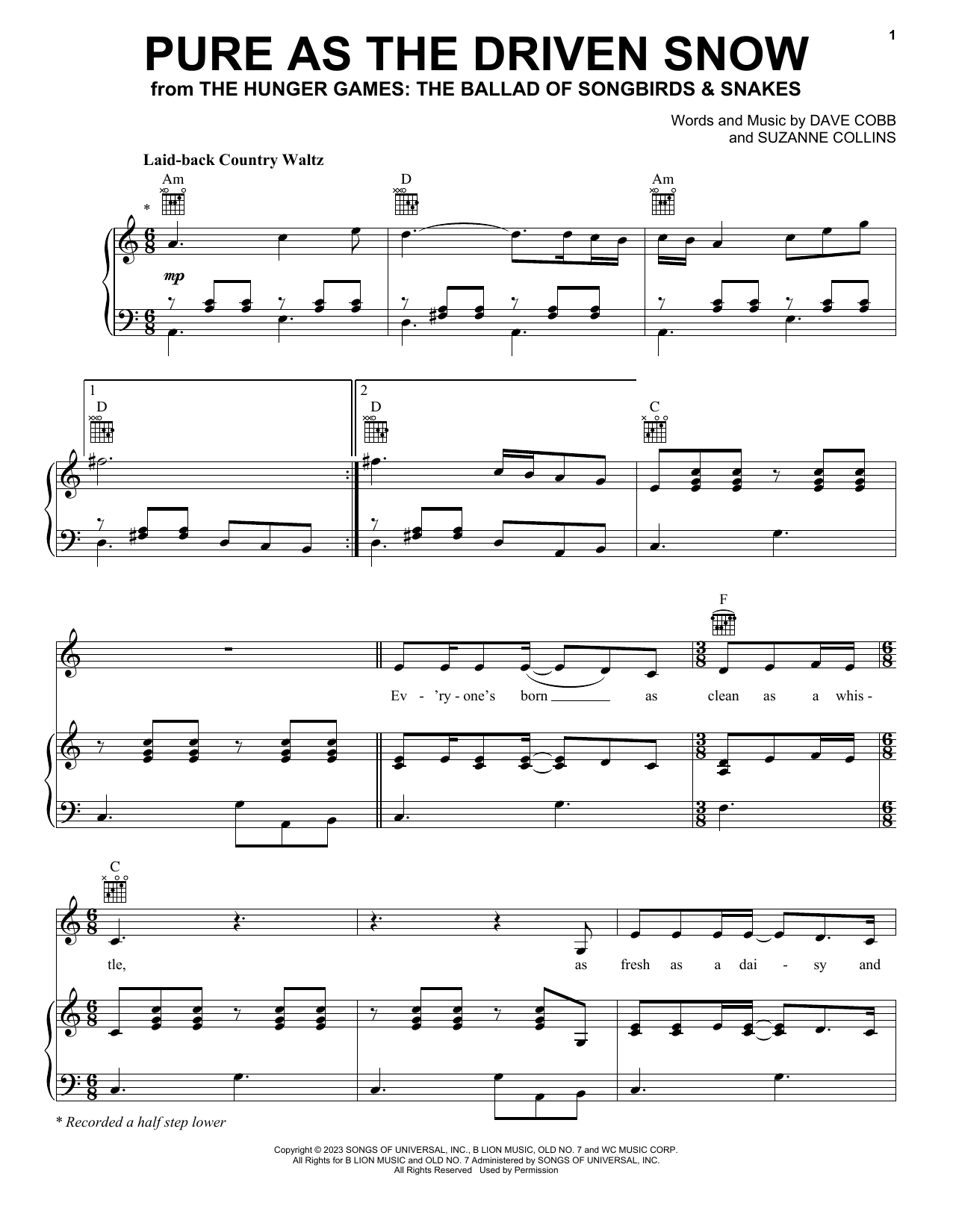 Rachel Zegler Pure As The Driven Snow (from The Hunger Games: The Ballad of Songbirds & Snakes) sheet music notes and chords arranged for Piano, Vocal & Guitar Chords (Right-Hand Melody)