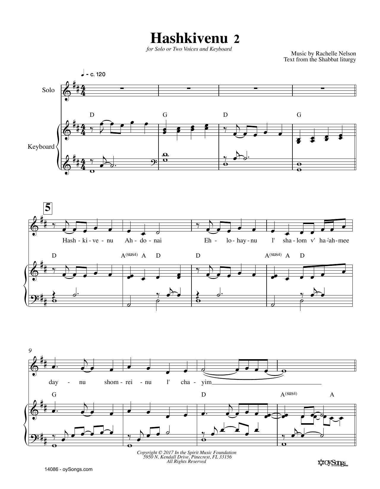 Rachelle Nelson Hashkivenu 2 sheet music notes and chords arranged for Piano & Vocal