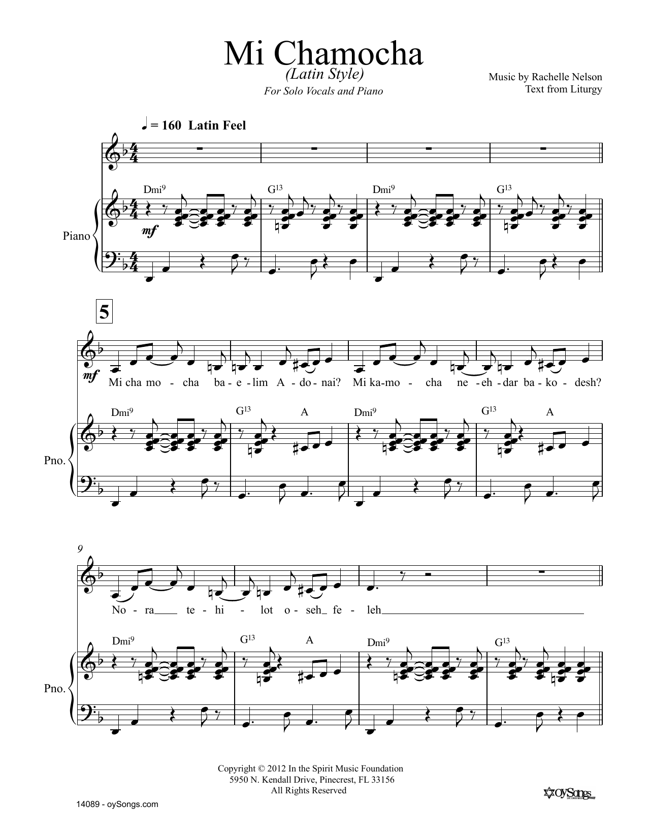 Rachelle Nelson Mi Chamocha Latin Style sheet music notes and chords arranged for Piano & Vocal