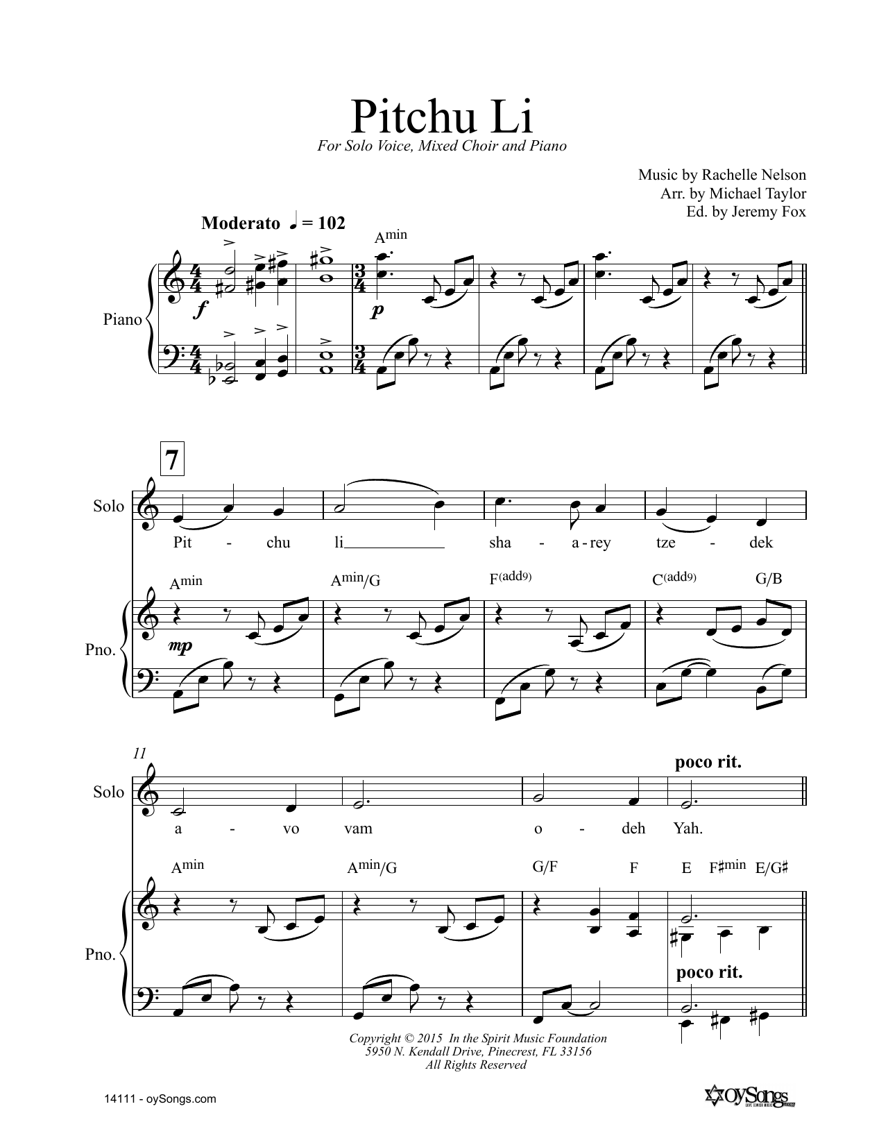 Rachelle Nelson Pitchu Li sheet music notes and chords arranged for SATB Choir