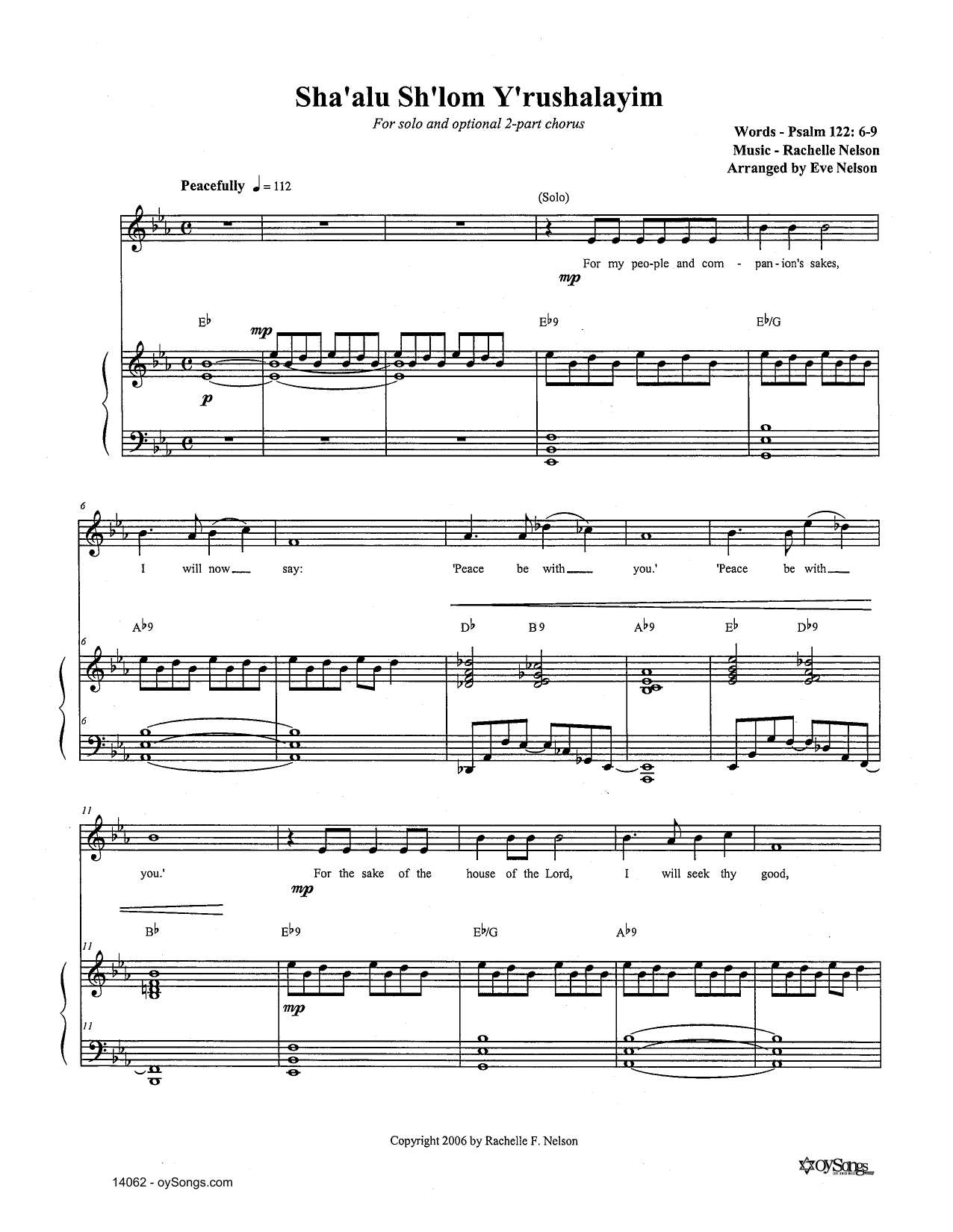 Rachelle Nelson Sha'alu Sh'lom Y'rushalayim sheet music notes and chords arranged for Piano, Vocal & Guitar Chords (Right-Hand Melody)
