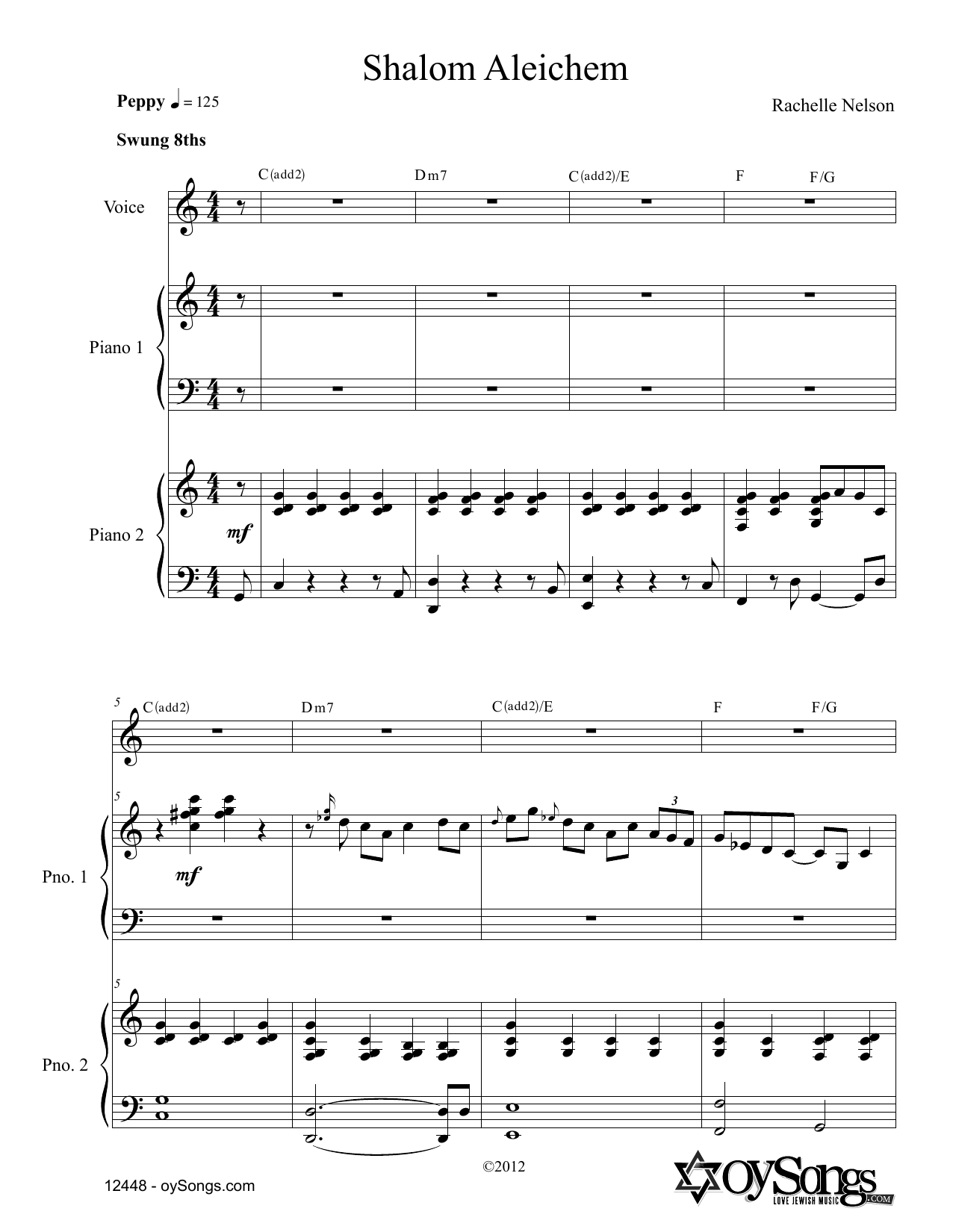 Rachelle Nelson Shalom Aleichem (for 2 Pianos) sheet music notes and chords arranged for Piano & Vocal
