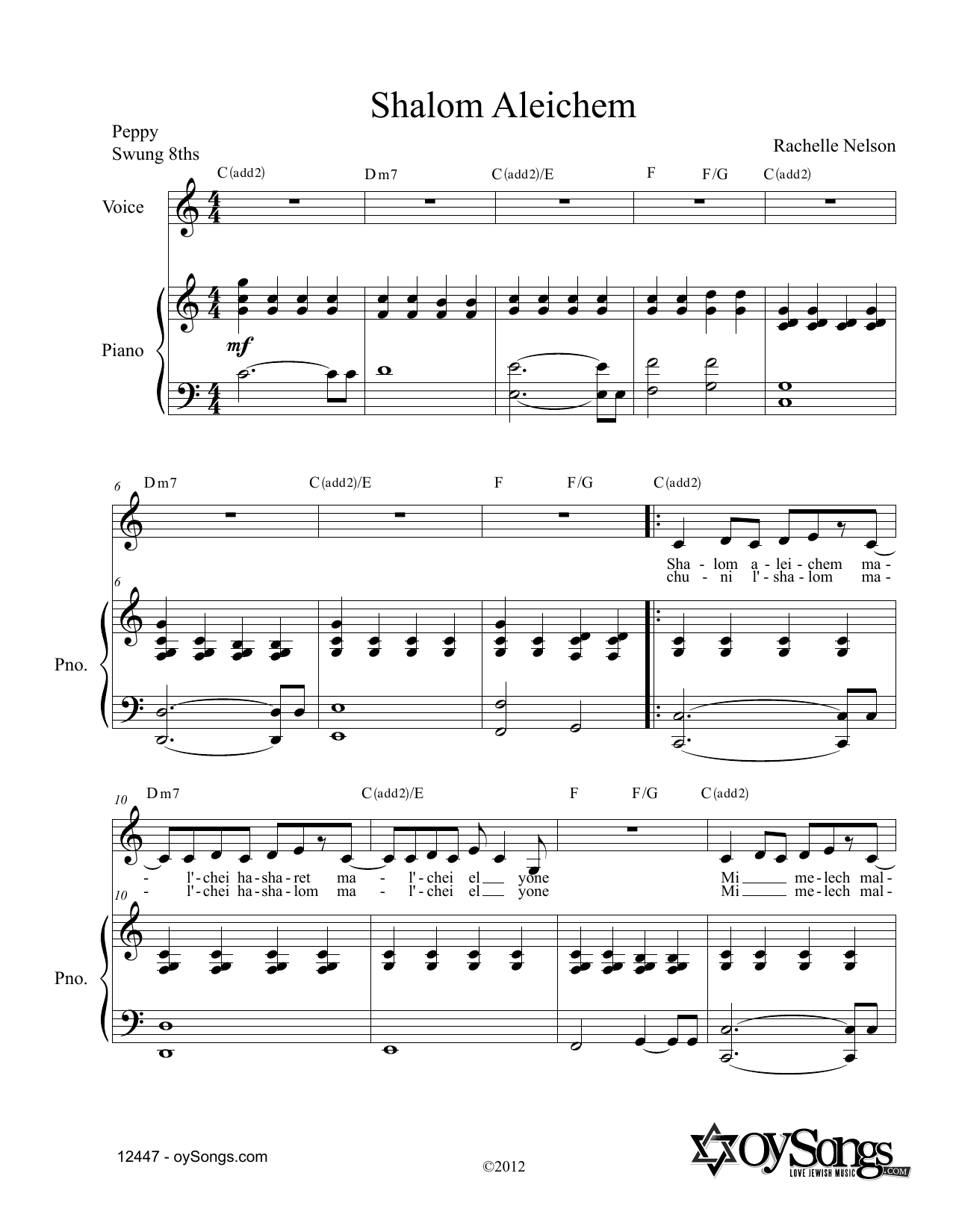 Rachelle Nelson Shalom Aleichem sheet music notes and chords arranged for Piano & Vocal