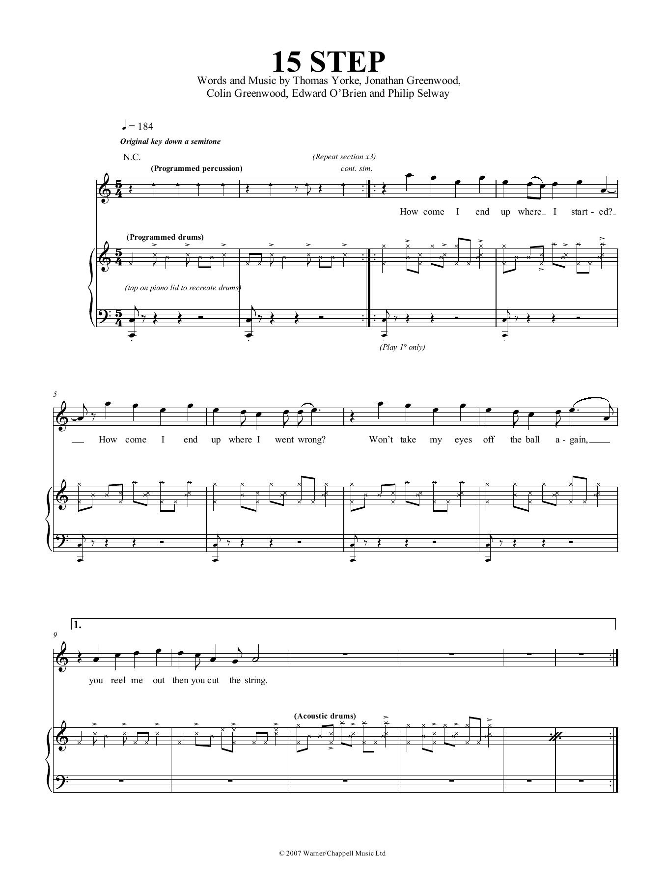 Radiohead 15 Step sheet music notes and chords arranged for Piano, Vocal & Guitar Chords (Right-Hand Melody)