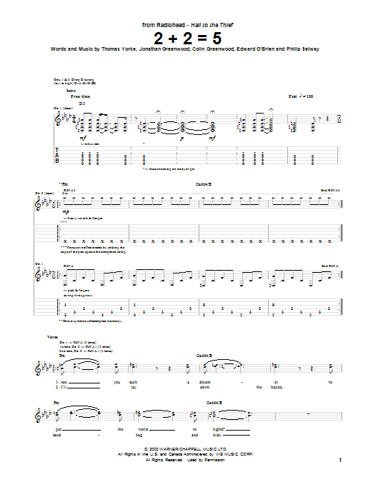Radiohead 2 + 2 = 5 sheet music notes and chords arranged for Guitar Tab