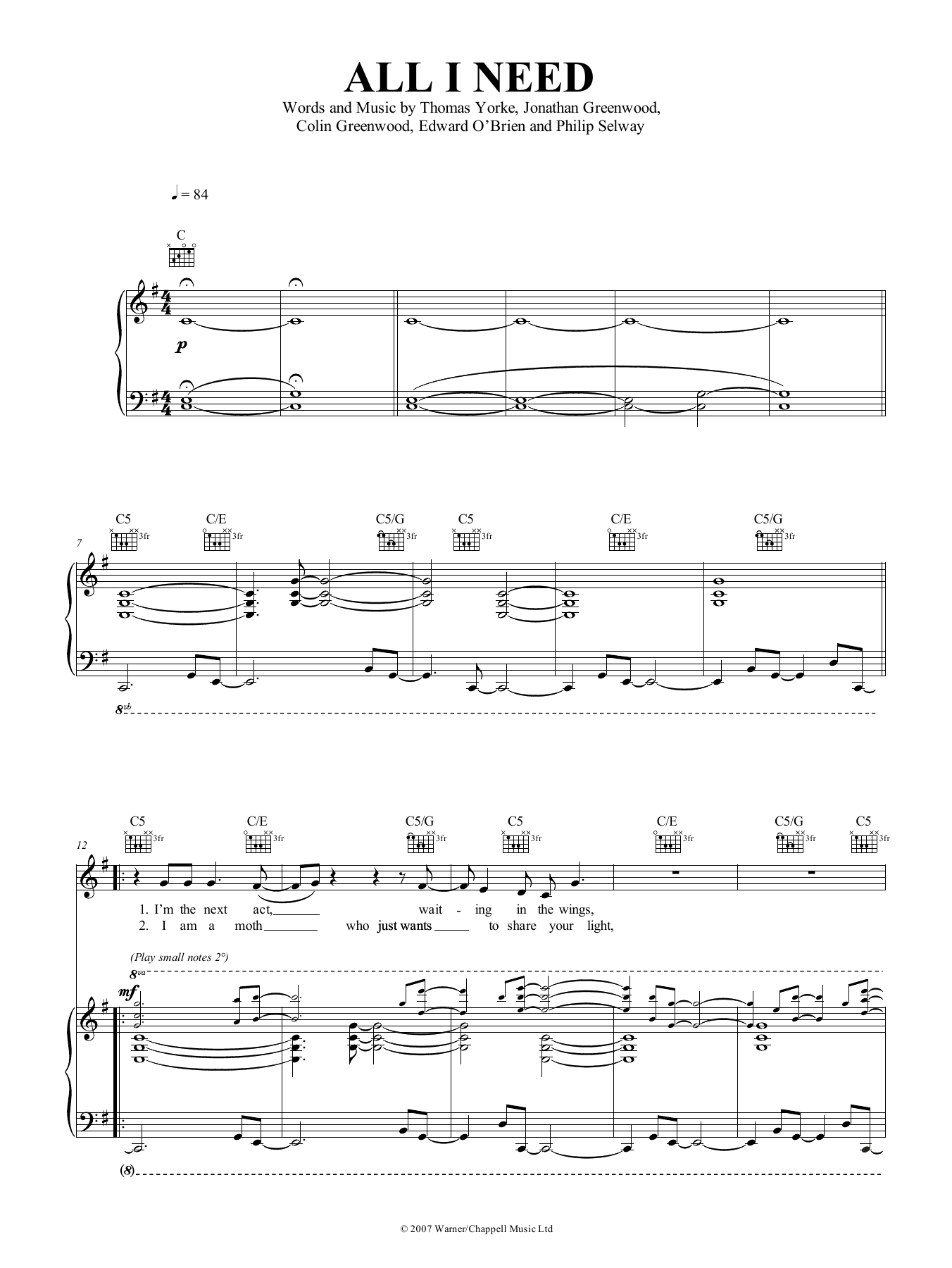 Radiohead All I Need sheet music notes and chords arranged for Piano Solo
