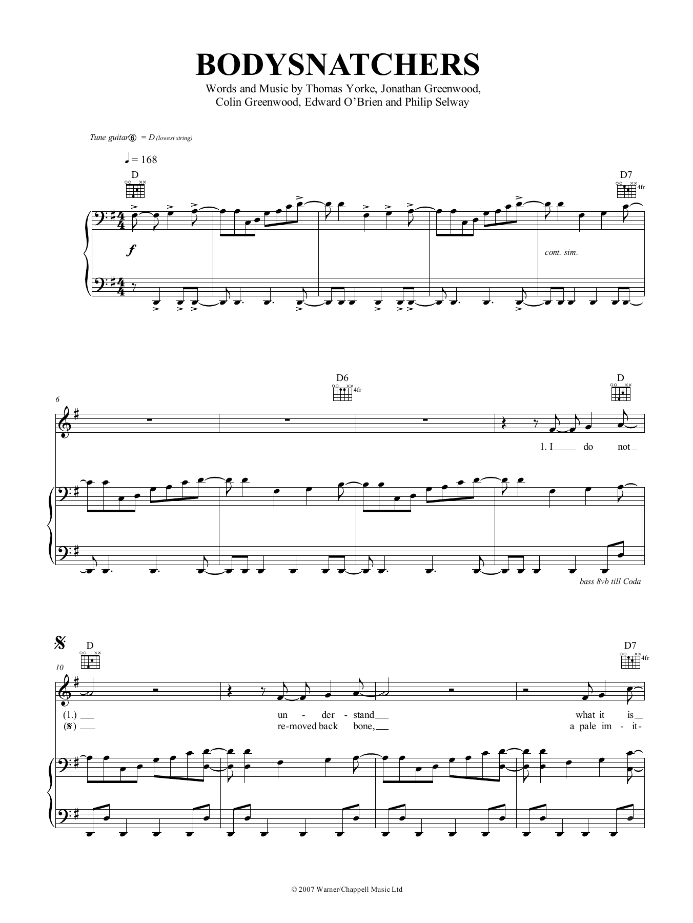 Radiohead Bodysnatchers sheet music notes and chords arranged for Piano, Vocal & Guitar Chords (Right-Hand Melody)