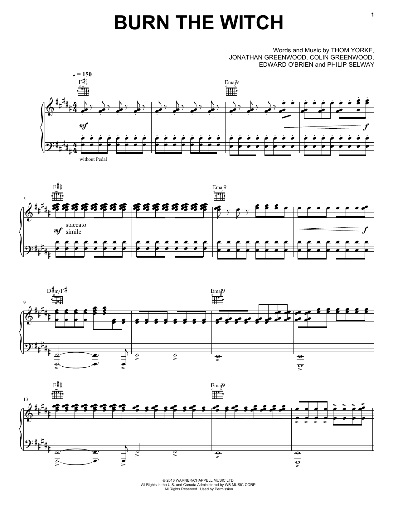Radiohead Burn The Witch sheet music notes and chords arranged for Piano, Vocal & Guitar Chords (Right-Hand Melody)