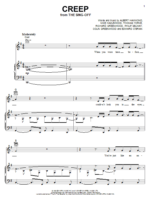 Radiohead Creep (as performed on The Sing-Off) sheet music notes and chords arranged for Piano, Vocal & Guitar Chords (Right-Hand Melody)