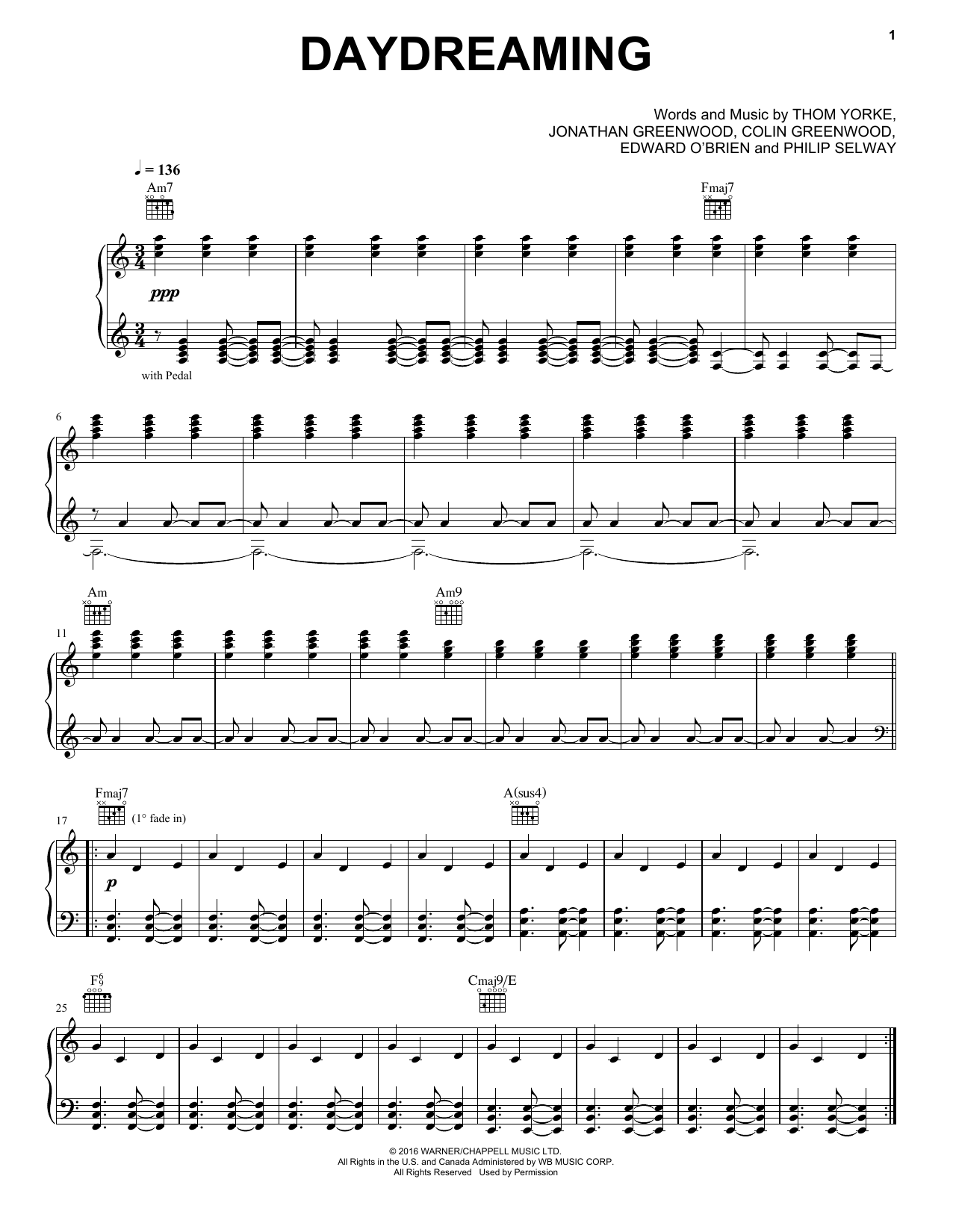 Radiohead Daydreaming sheet music notes and chords arranged for Piano, Vocal & Guitar Chords (Right-Hand Melody)