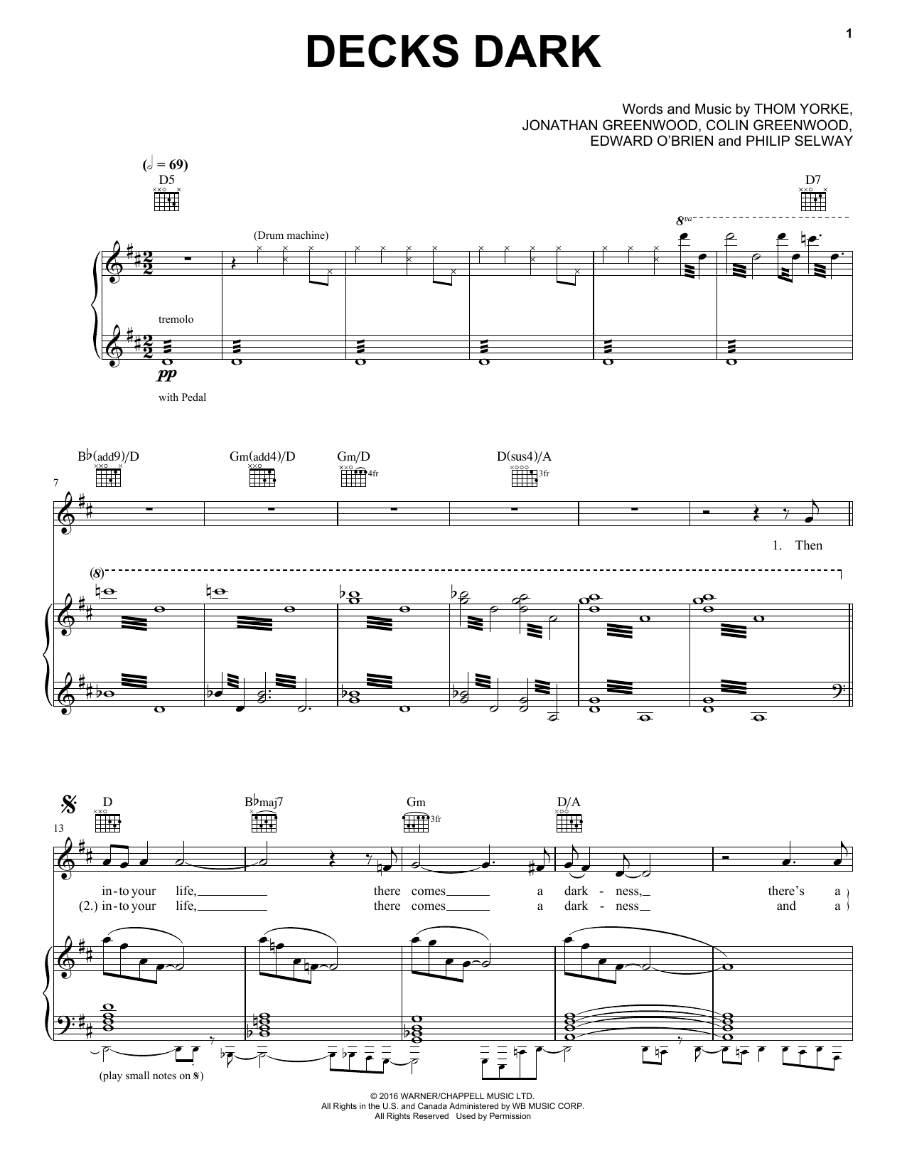Radiohead Decks Dark sheet music notes and chords arranged for Piano, Vocal & Guitar Chords (Right-Hand Melody)