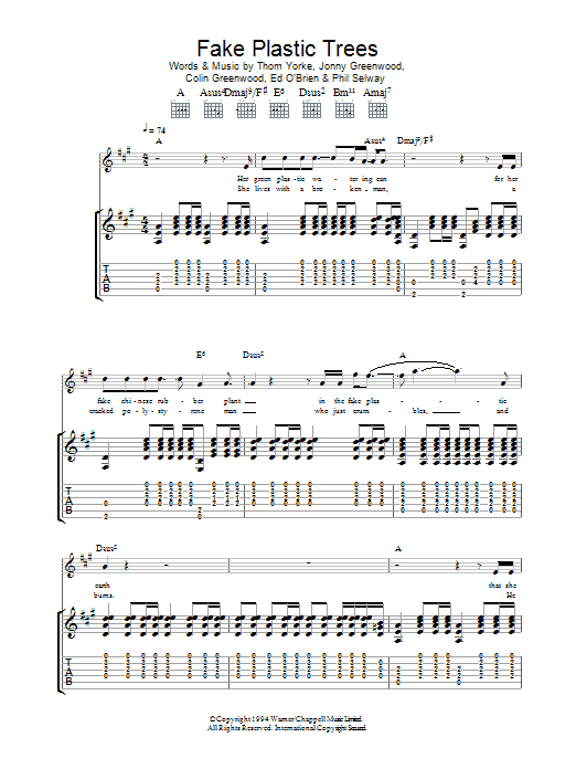 Radiohead Fake Plastic Trees sheet music notes and chords arranged for Guitar Tab (Single Guitar)