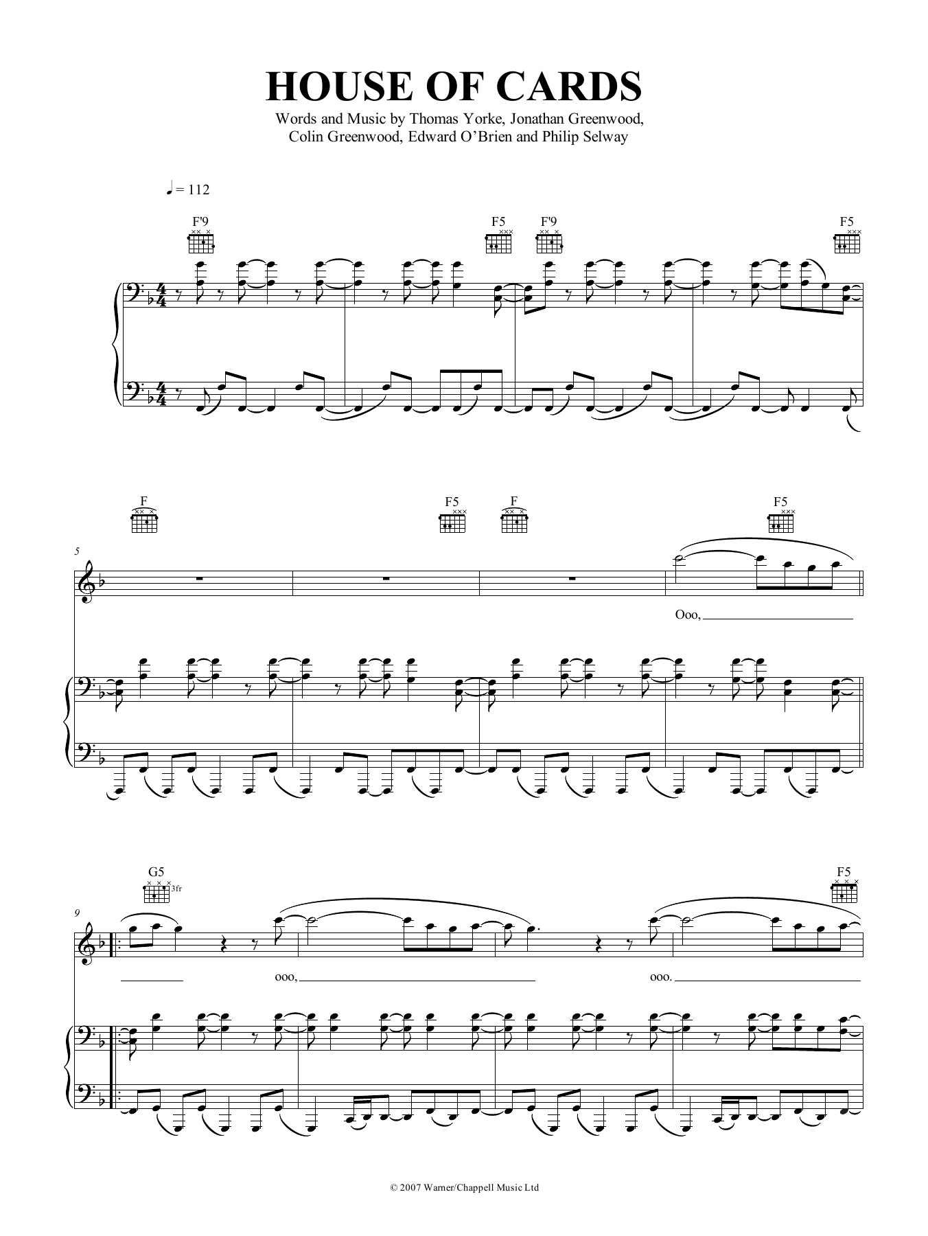 Radiohead House Of Cards sheet music notes and chords arranged for Piano, Vocal & Guitar Chords (Right-Hand Melody)