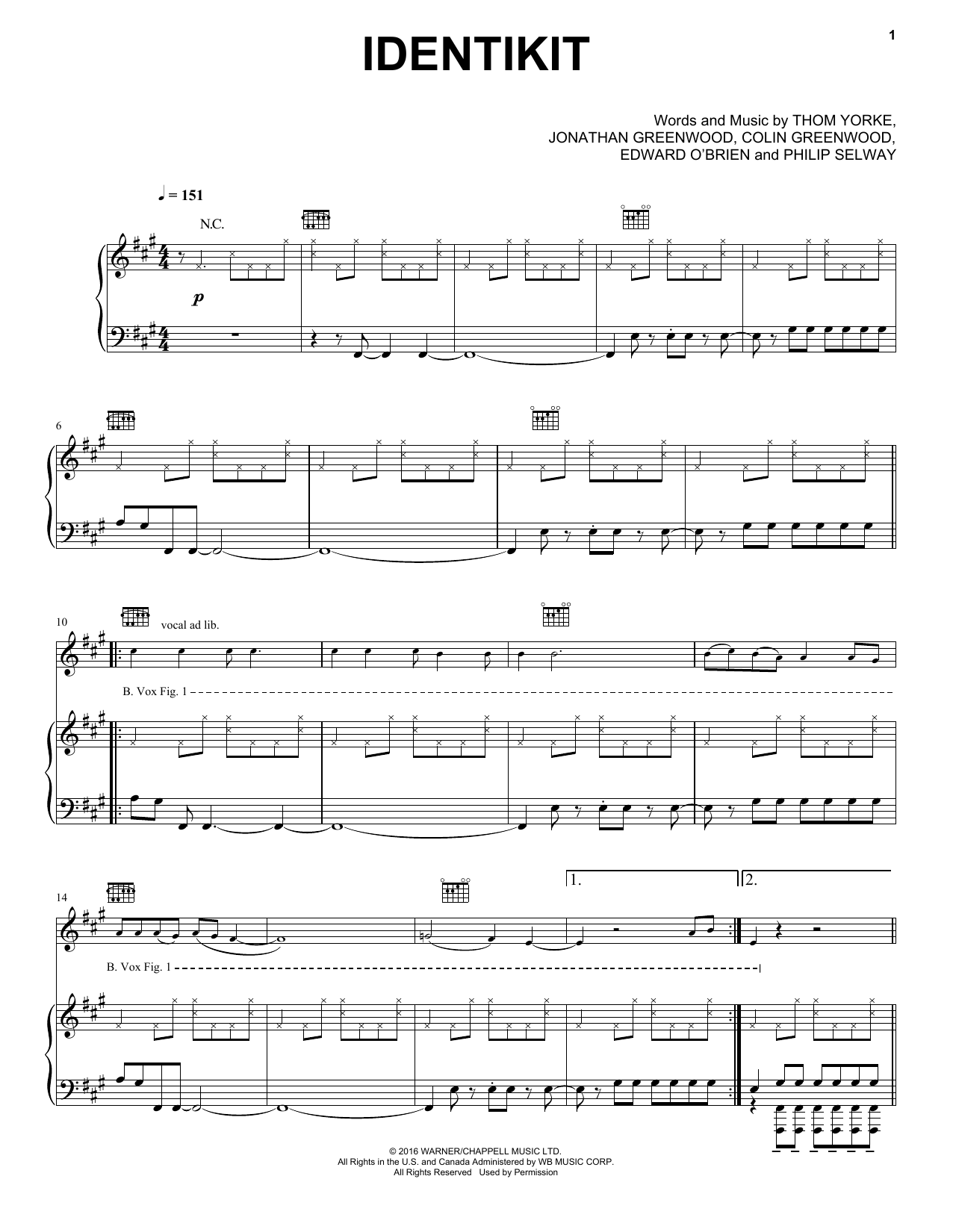 Radiohead Identikit sheet music notes and chords arranged for Piano, Vocal & Guitar Chords (Right-Hand Melody)