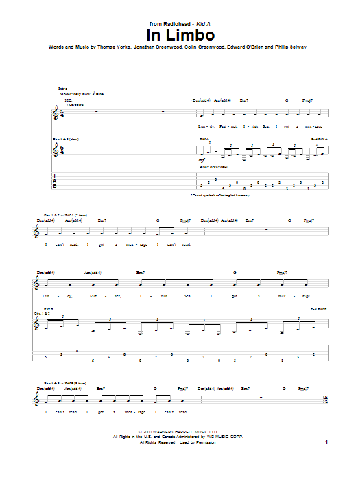 Radiohead In Limbo sheet music notes and chords arranged for Guitar Tab