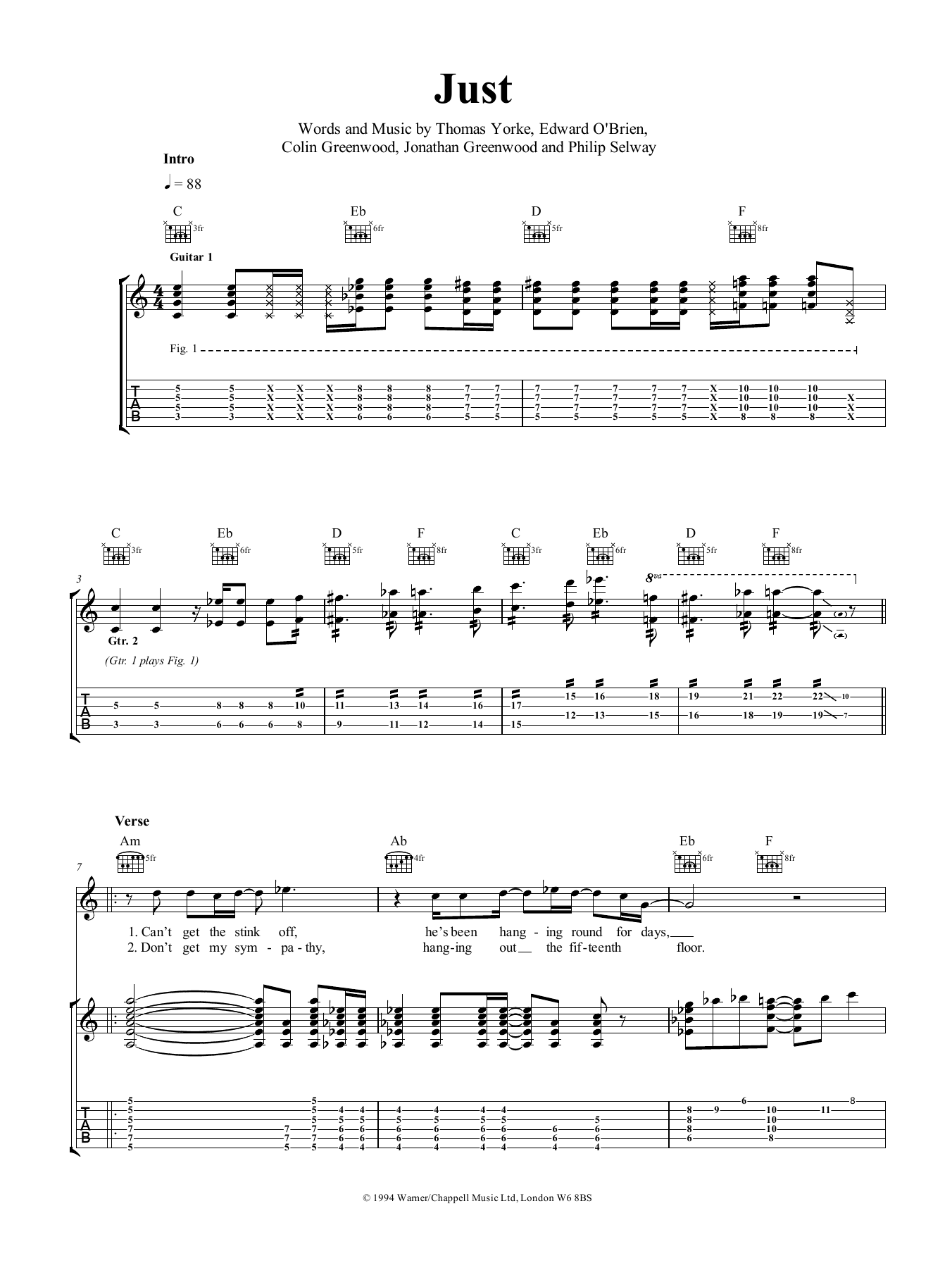 Radiohead Just sheet music notes and chords arranged for Guitar Tab