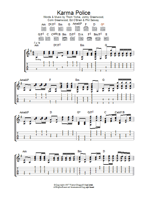 Radiohead Karma Police sheet music notes and chords arranged for Guitar Chords/Lyrics