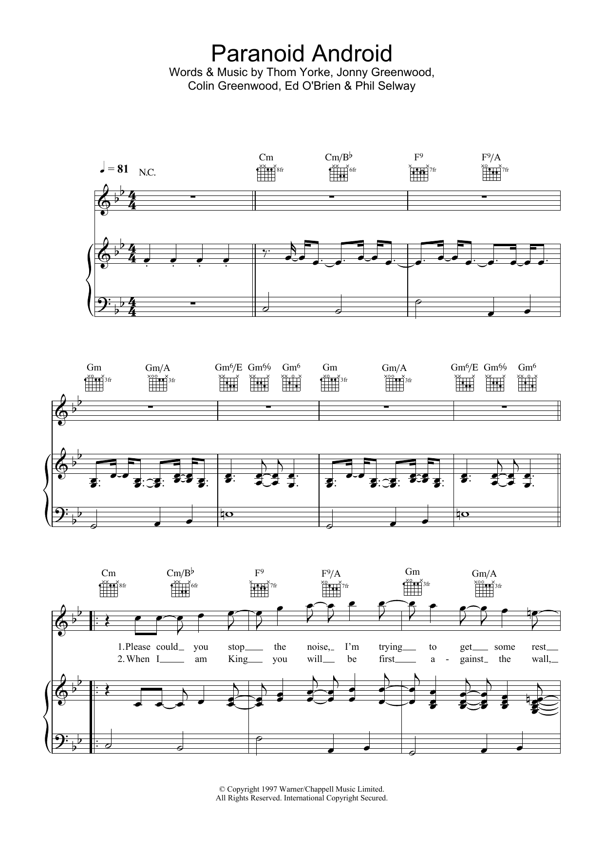 Radiohead Paranoid Android sheet music notes and chords arranged for Piano Solo