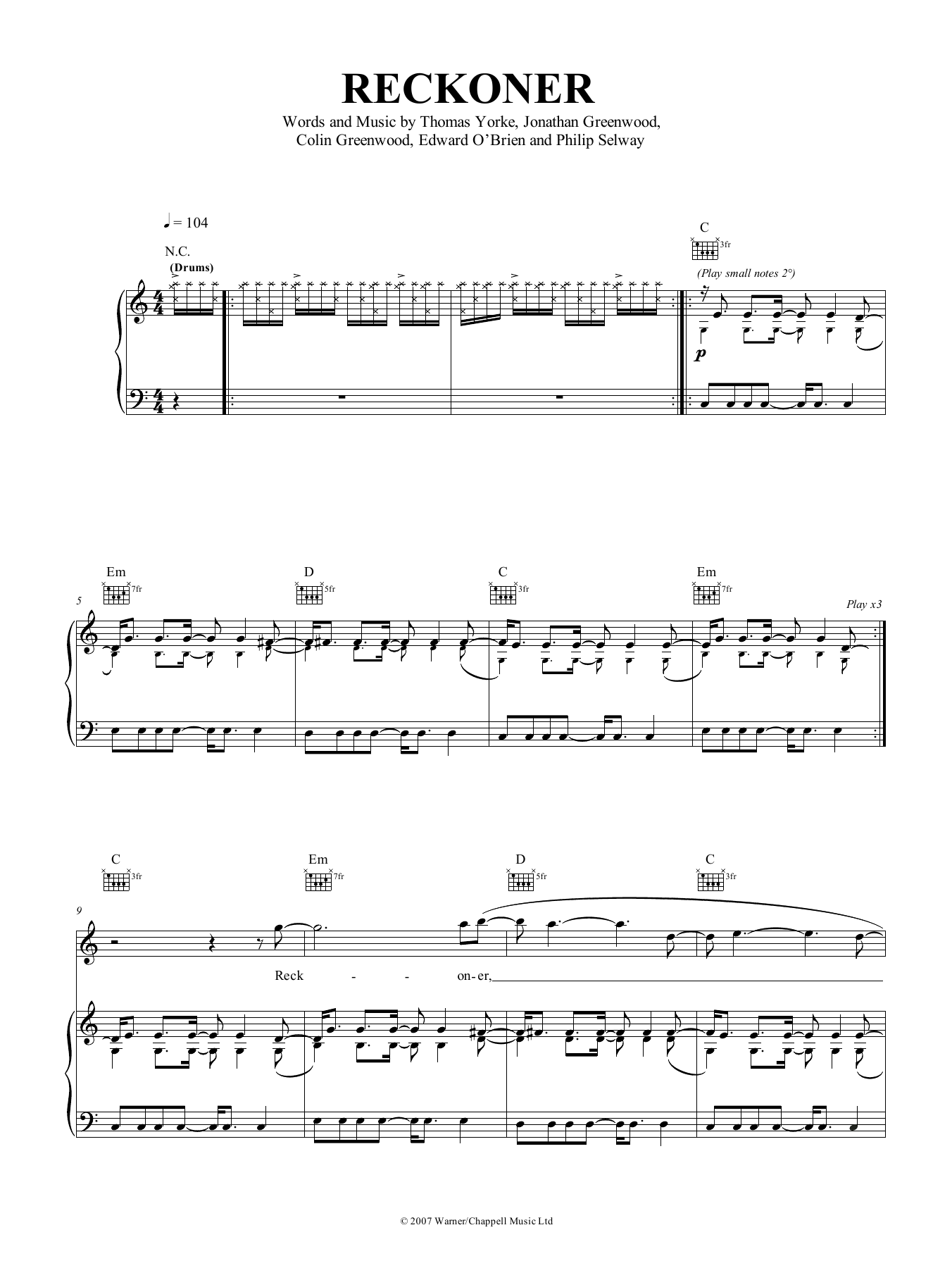 Radiohead Reckoner sheet music notes and chords arranged for Piano, Vocal & Guitar Chords (Right-Hand Melody)