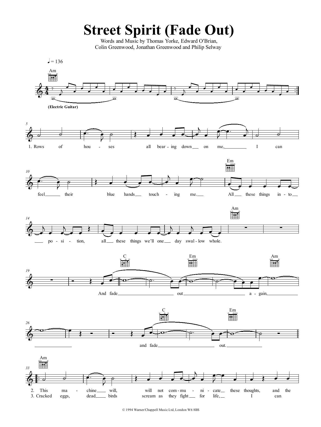 Radiohead Street Spirit (Fade Out) sheet music notes and chords arranged for Lead Sheet / Fake Book