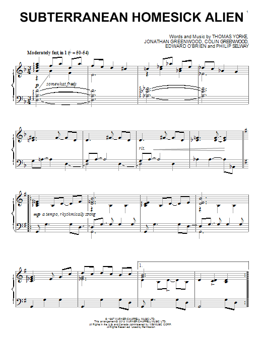 Radiohead Subterranean Homesick Alien sheet music notes and chords arranged for Piano Solo
