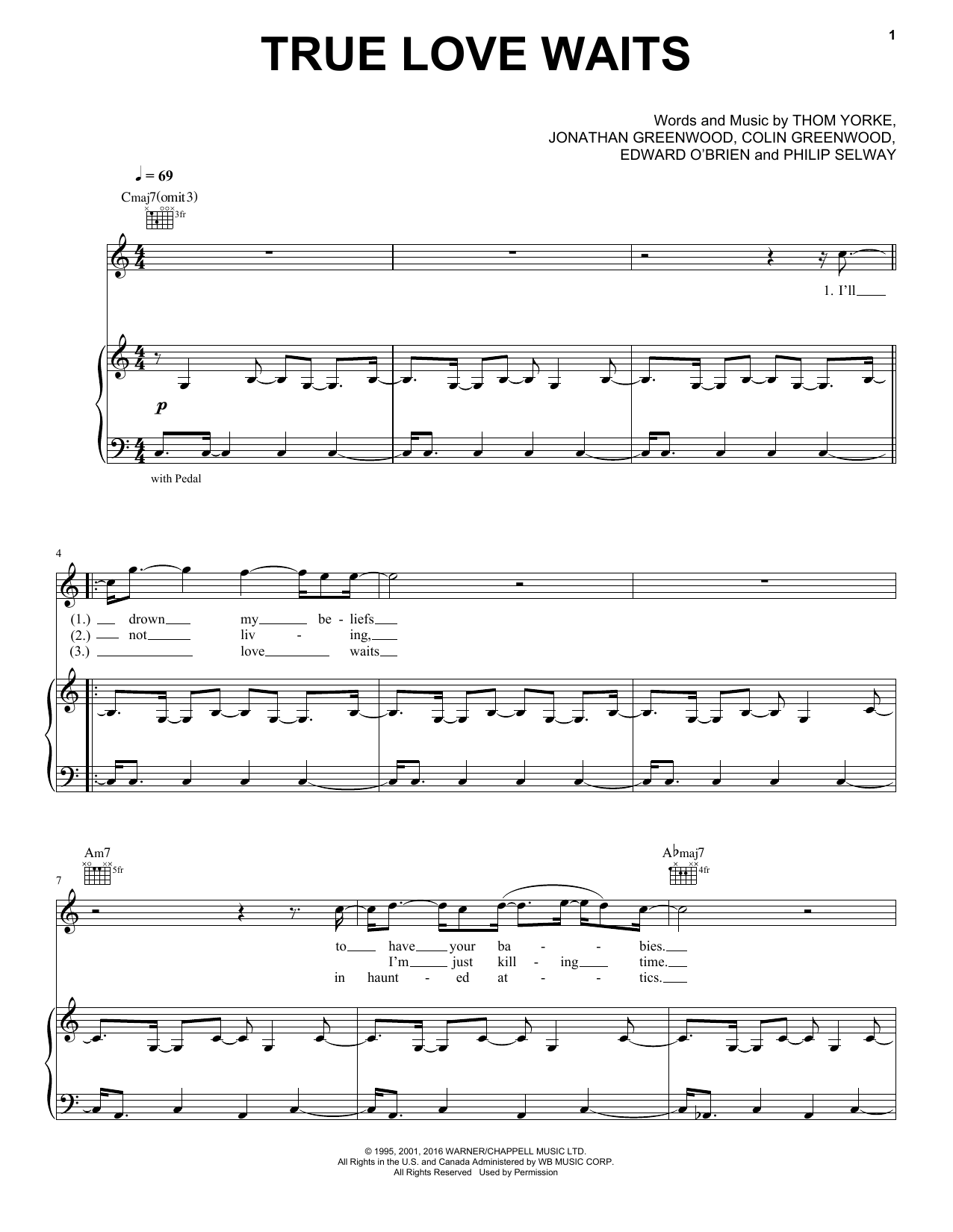 Radiohead True Love Waits sheet music notes and chords arranged for Piano, Vocal & Guitar Chords (Right-Hand Melody)