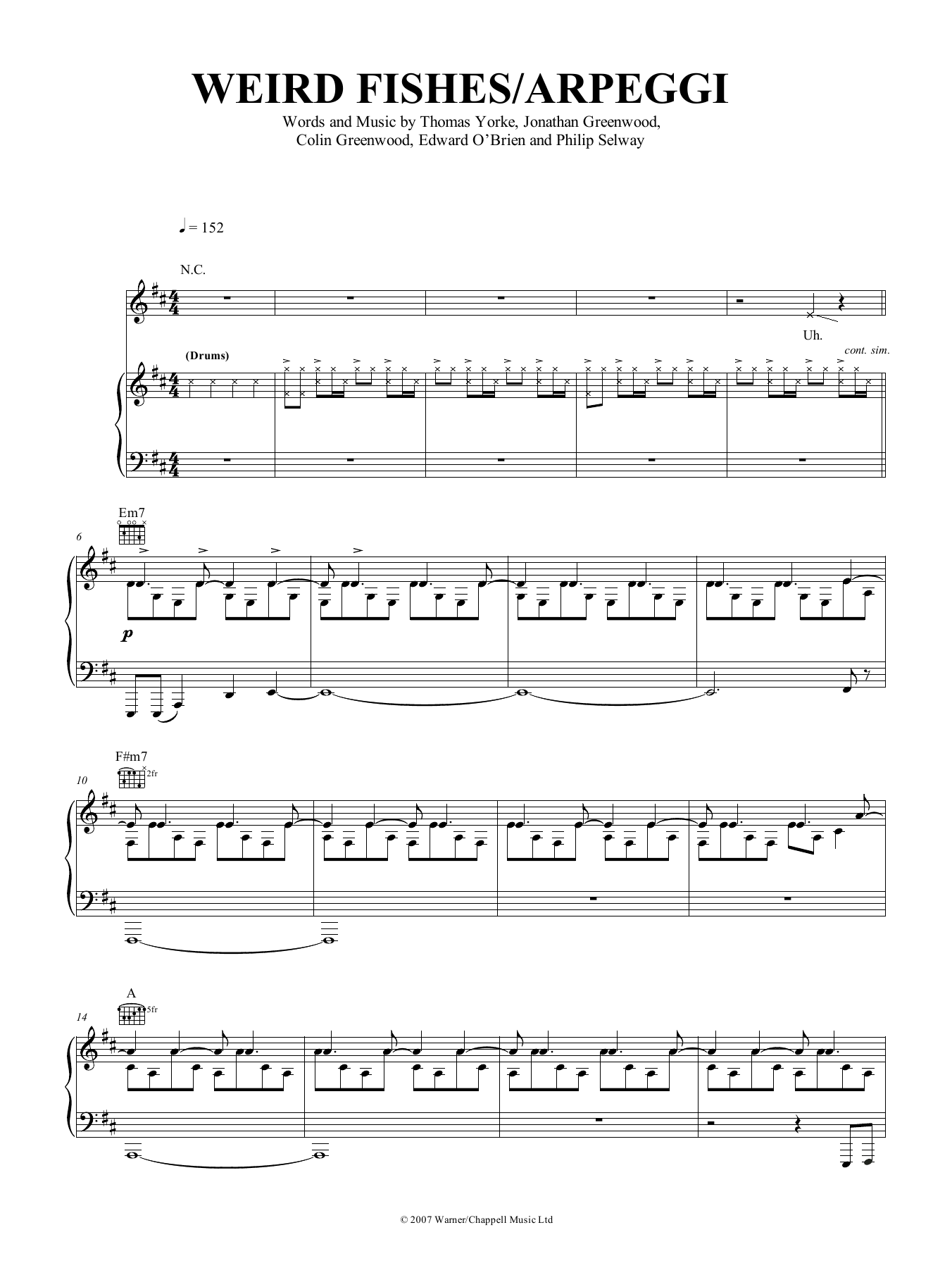 Radiohead Weird Fishes/Arpeggi sheet music notes and chords arranged for Piano, Vocal & Guitar Chords (Right-Hand Melody)